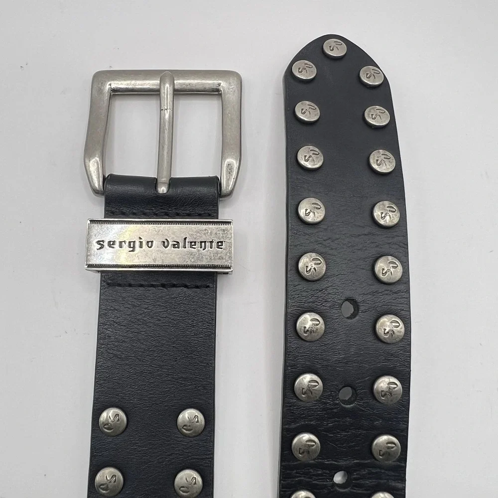 Y2K Sergio Valente Studded Leather Belt Unisex M (29-33) Black Biker Western